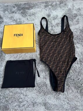 Fendi Brown & Black FF Logo One-Piece Swimsuit